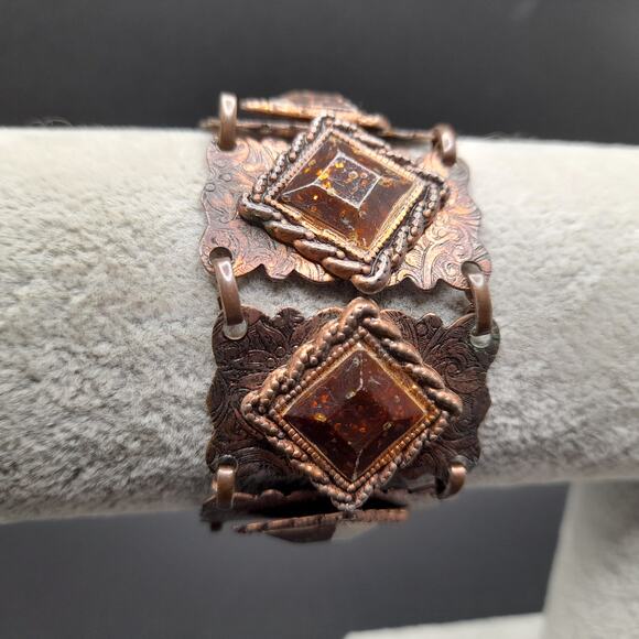 Vintage Copper Glass Etched Bracelet, Speckled Glass, 7" - Picture 6 of 9